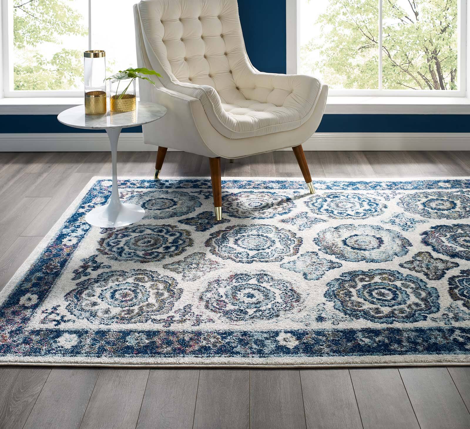 Left. Modway - Entourage Odile Distressed Floral Moroccan Trellis Area Rug - Ivory and Blue.