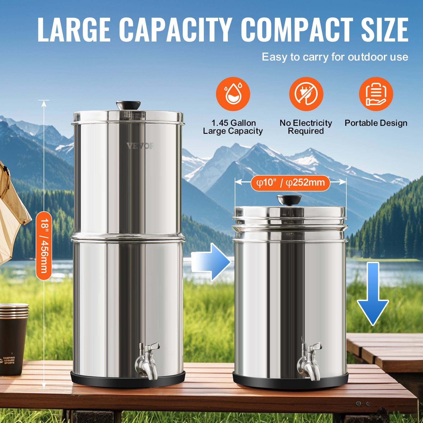 LARGE CAPACITY COMPACT SIZE  
Easy to carry for outdoor use  

1.45 Gallon Large Capacity  
No Electricity Required  
Portable Design  

18" / 456mm  
10" / 252mm