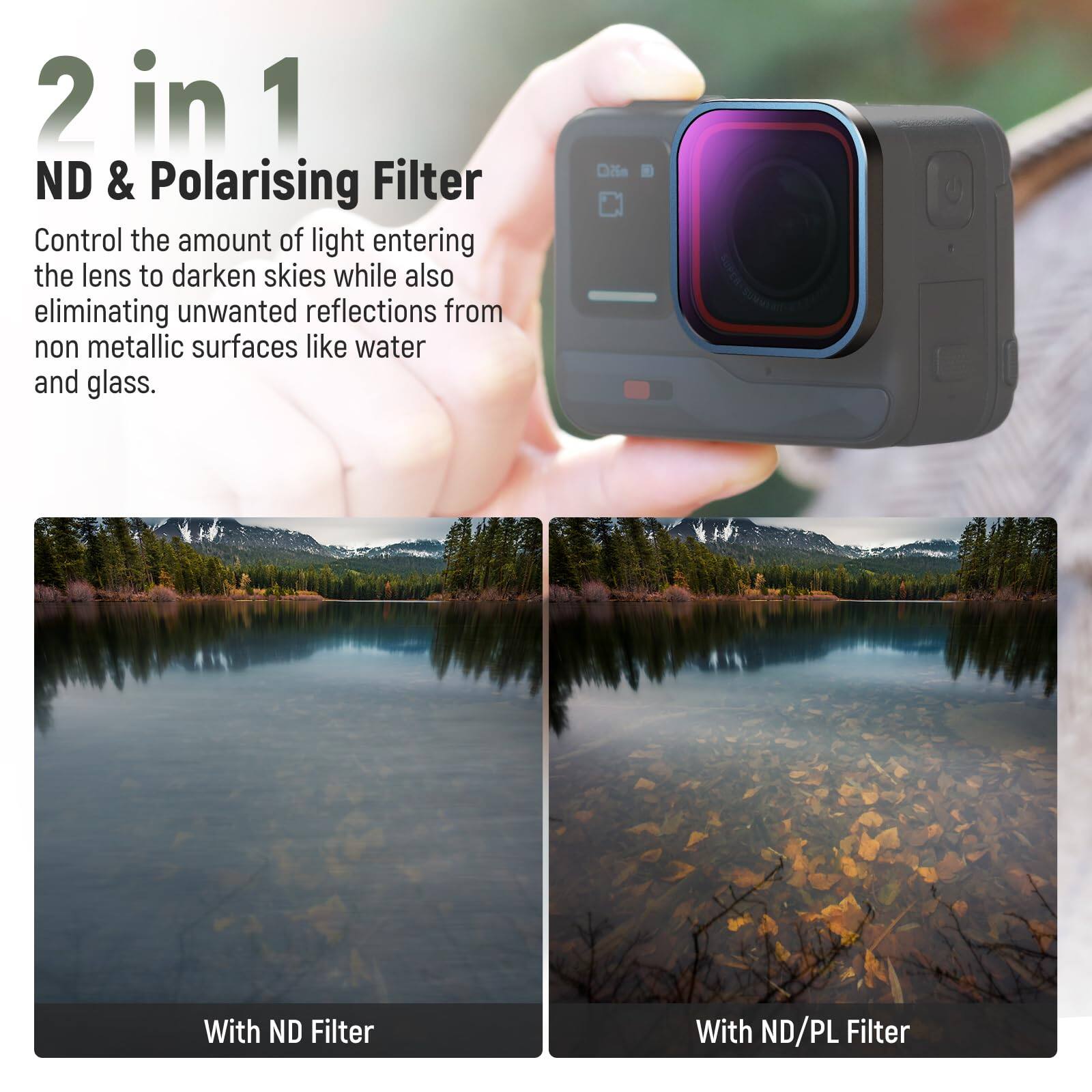 2 in 1 ND & Polarising Filter

Control the amount of light entering the lens to darken skies while also eliminating unwanted reflections from non metallic surfaces like water and glass.

With ND Filter

With ND/PL Filter