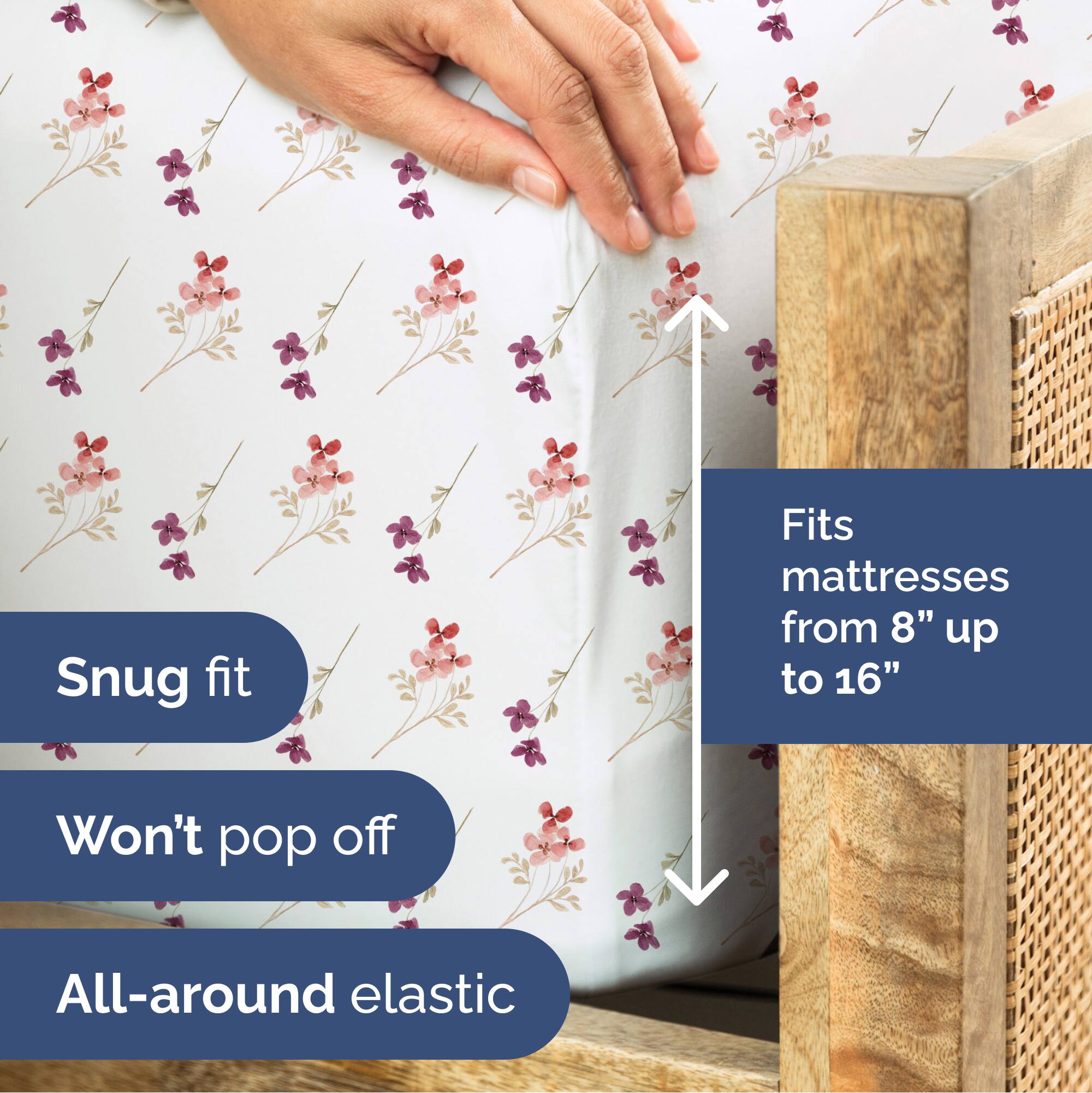 - Snug fit
- Fits mattresses from 8" up to 16"
- Won't pop off
- All-around elastic