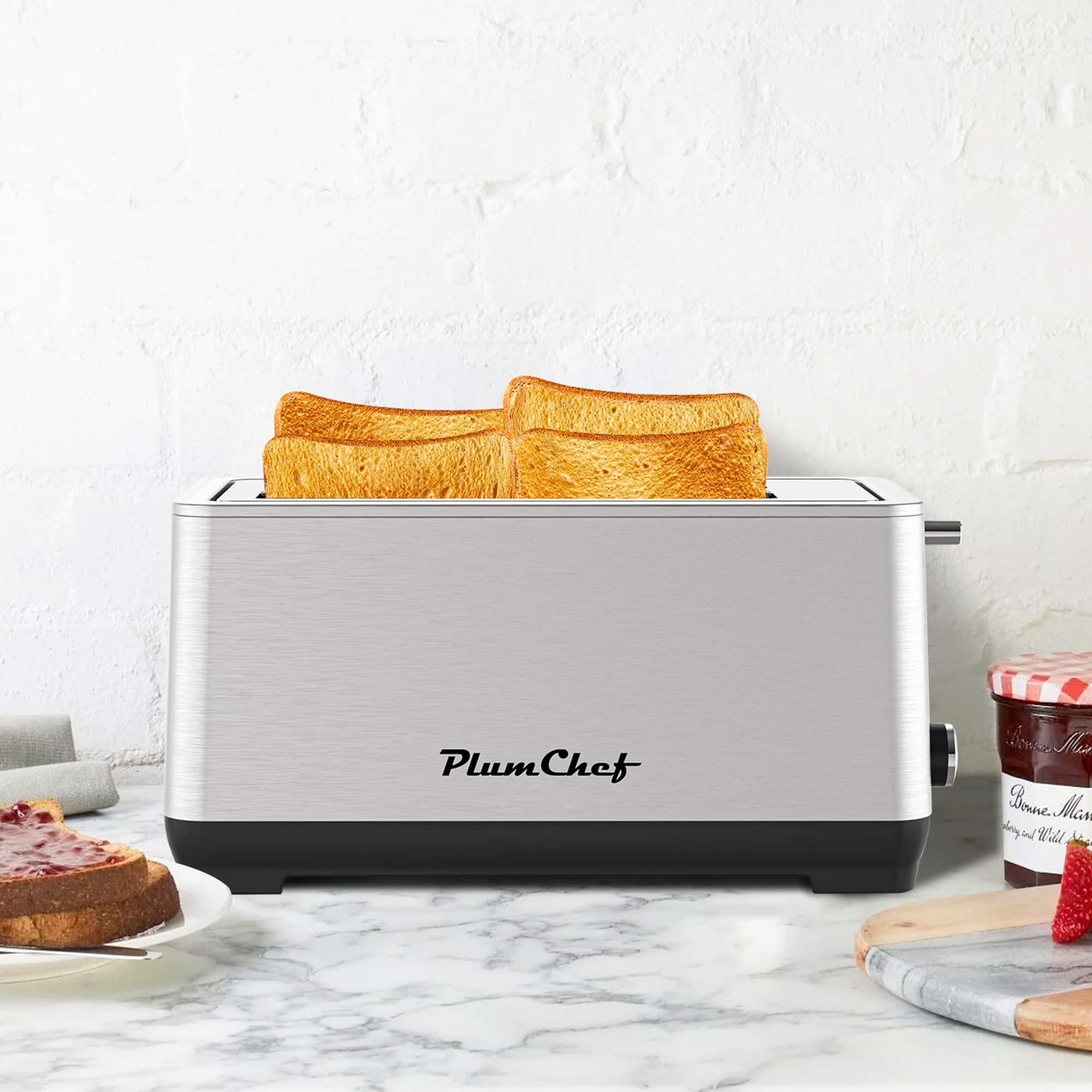 Akoasm - 4-Slice Long Slot Toaster with Warming Rack, Removable Crumb Tray, 6 Browning Settings, 1500W - Stainless Steel - Silver