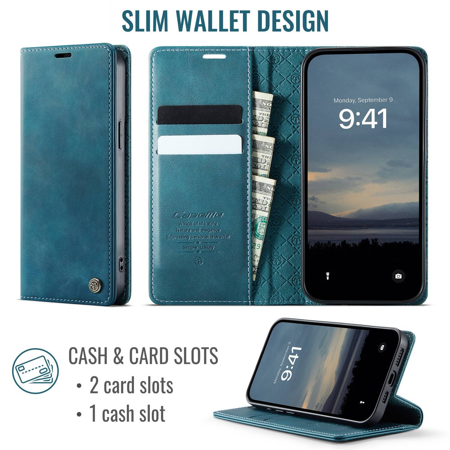SLIM WALLET DESIGN

Monday, September 9  
9:41

CASH & CARD SLOTS  
- 2 card slots  
- 1 cash slot