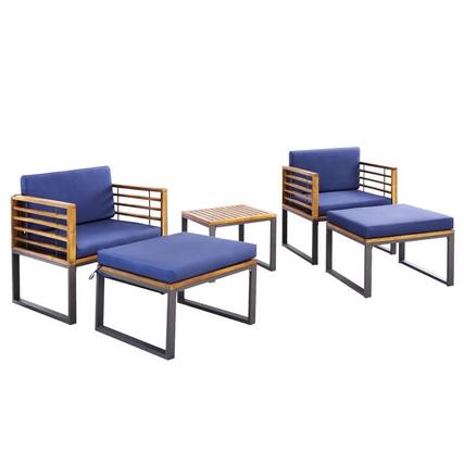 Front. Kadyn - 3 Pieces Patio Acacia Wood Conversation Set, Outdoor Furniture Garden Conversation Sets with Cushioned Armchairs-Navy - Blue.