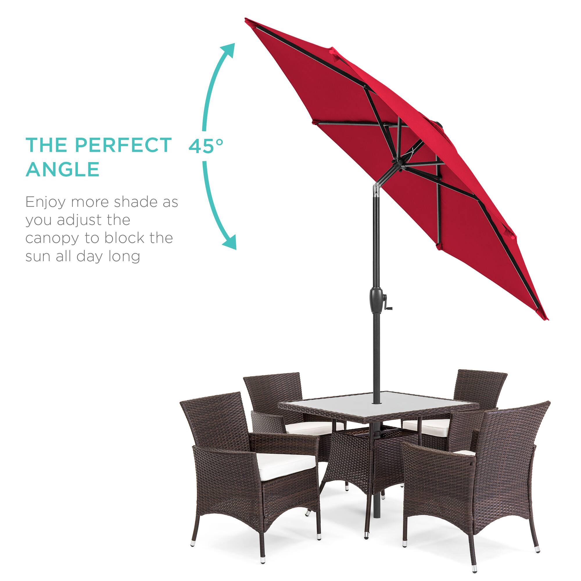 THE PERFECT 45° ANGLE

Enjoy more shade as you adjust the canopy to block the sun all day long