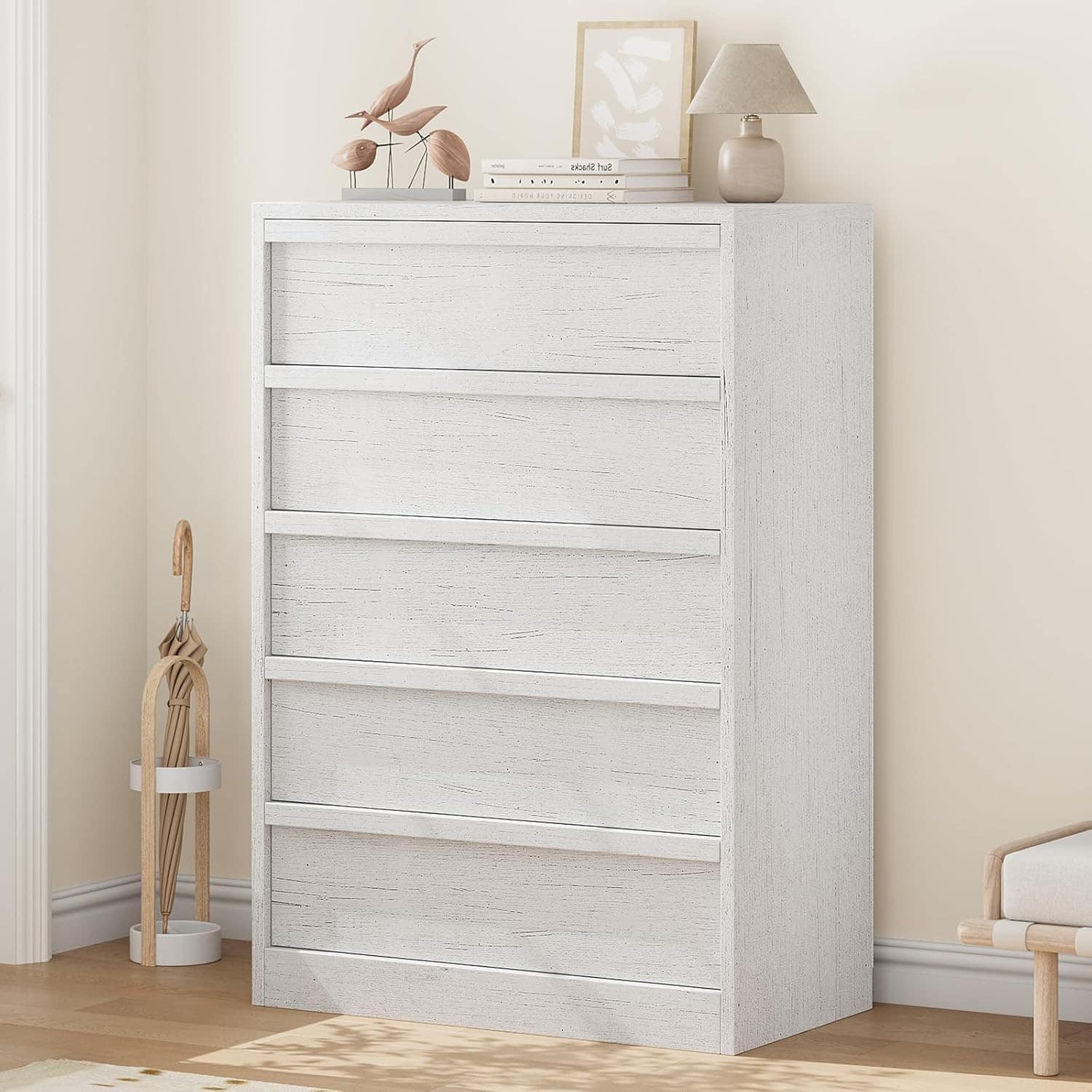 Acekool - 5 Drawer Dresser for Bedroom, Modern 5 Chest of Drawers Tall with Large Drawers Storage - White