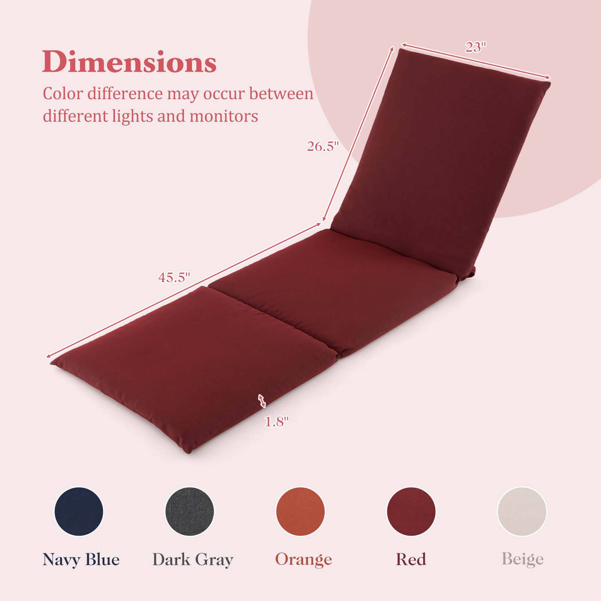 Dimensions  
Color difference may occur between different lights and monitors  

23"  
26.5"  
45.5"  
1.8"  

Navy Blue  
Dark Gray  
Orange  
Red  
Beige