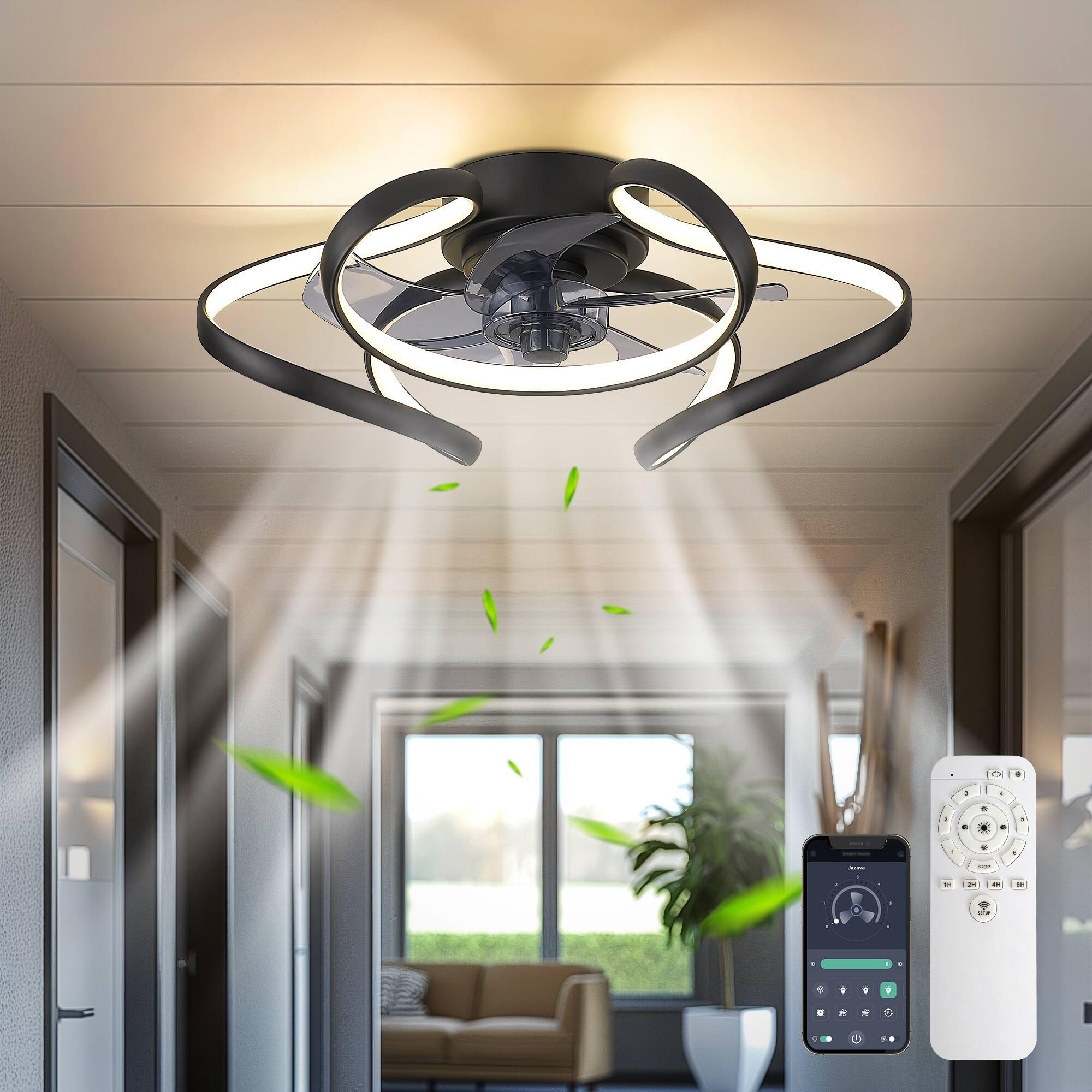 Alt View 2. JAZAVA - 20-Inch Indoor Black Low Profile Reversible Ceiling Fan with LED Light, Quiet ABS Blades,dimmable brightness - Black.