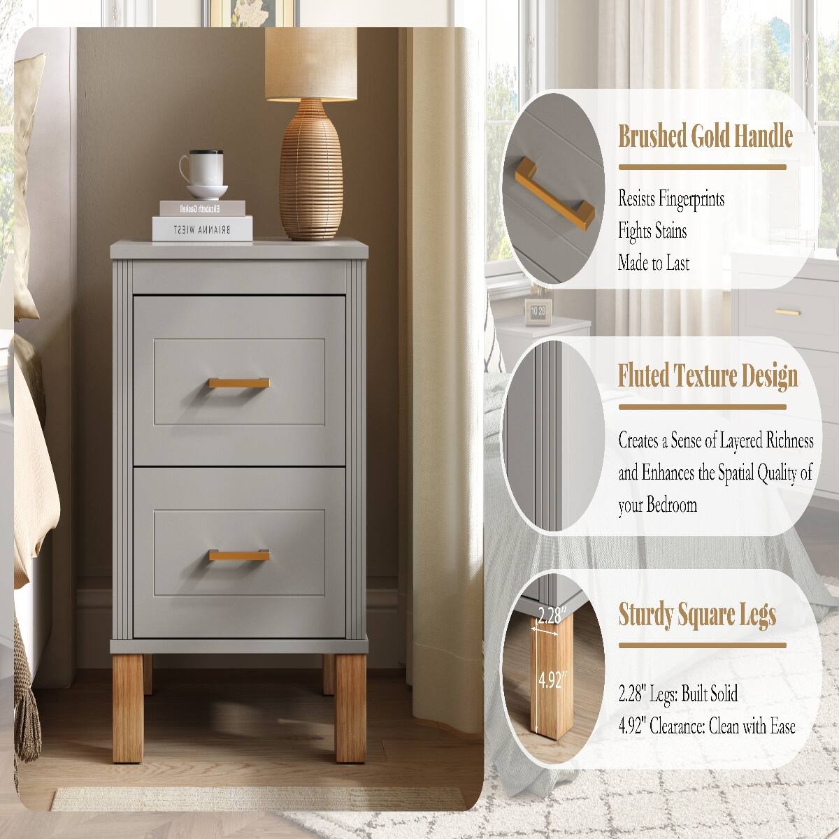 Brushed Gold Handle  
Resists Fingerprints  
Fights Stains  
Made to Last  

Fluted Texture Design  
Creates a Sense of Layered Richness and Enhances the Spatial Quality of your Bedroom  

Sturdy Square Legs  
2.28" Legs: Built Solid  
4.92" Clearance: Clean with Ease