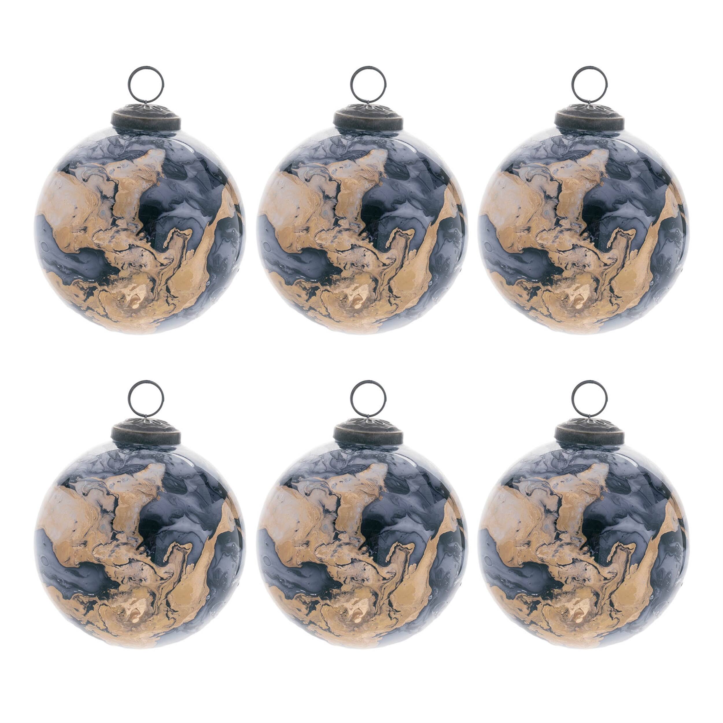Angle. BreeBe - Marble Painted Glass Ball Ornament (Set of 6) - Gold, Blue.