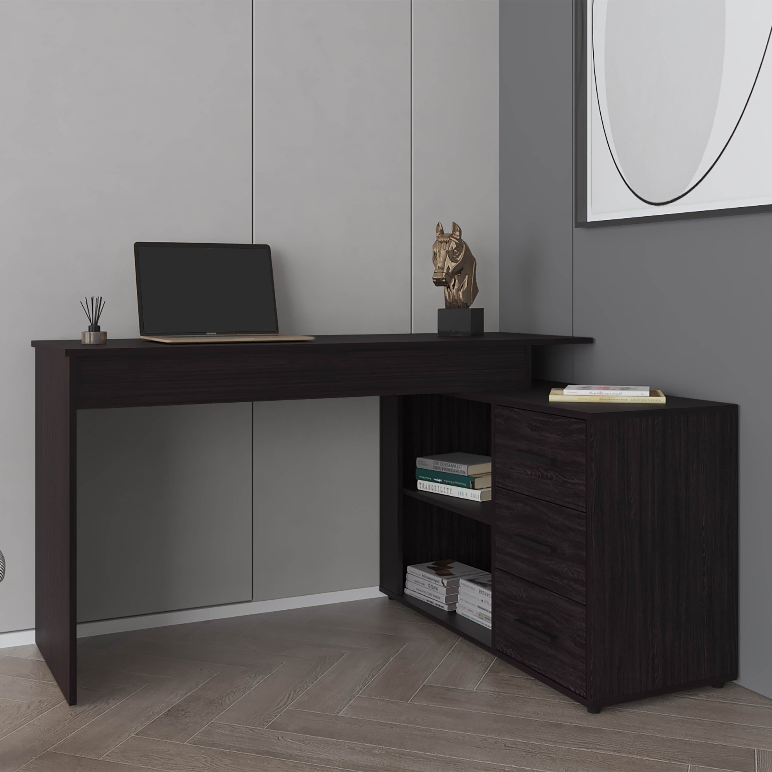 TuHome - Upton L-Shape Home Office Desk, Studio, Bedroom, Library, Study Table, Work - Black