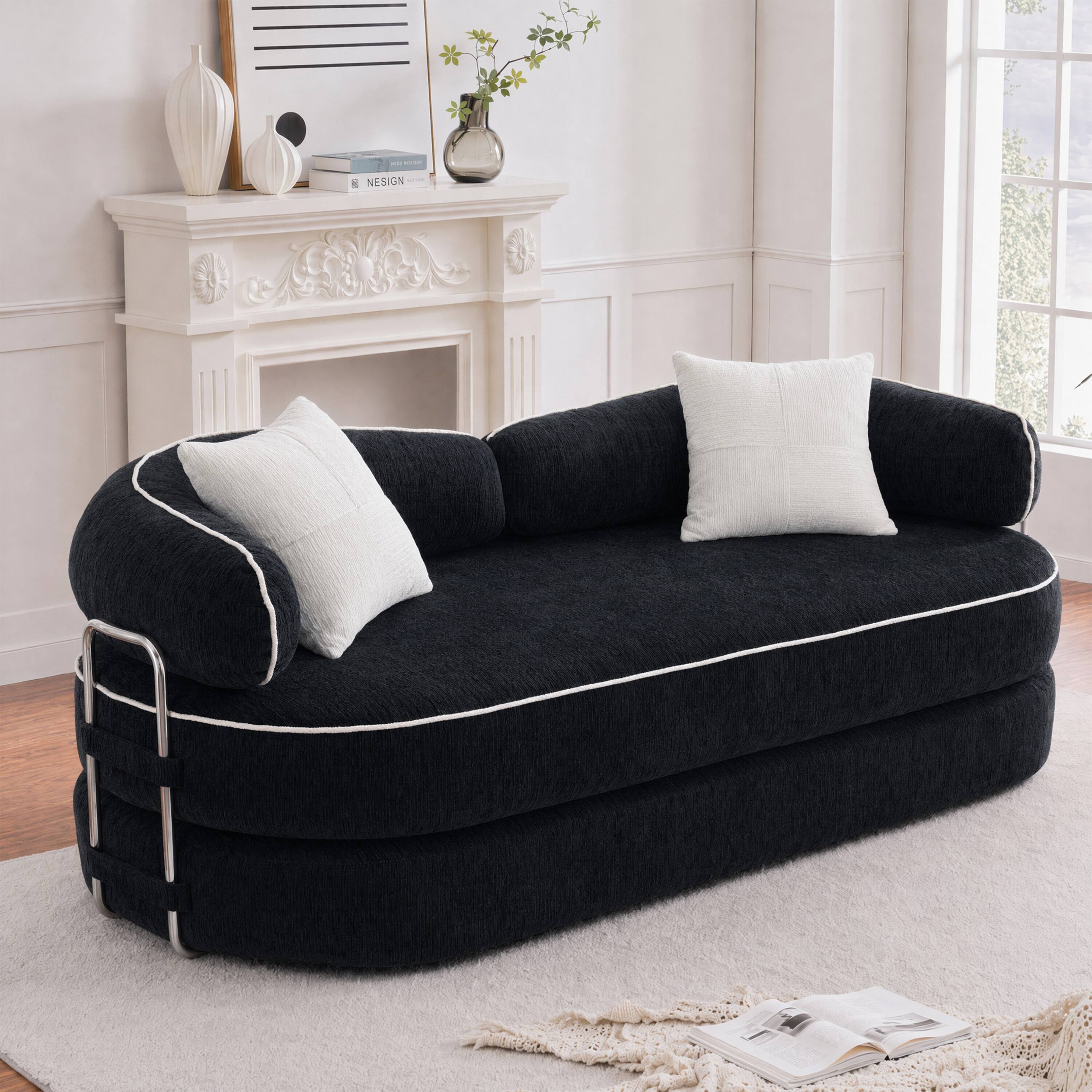 Angle. Vipbear - Curved Loveseat with 4 Pillows, Modern Boneless Couch, Convertible Sleeper Sofa Bed - Black/white.