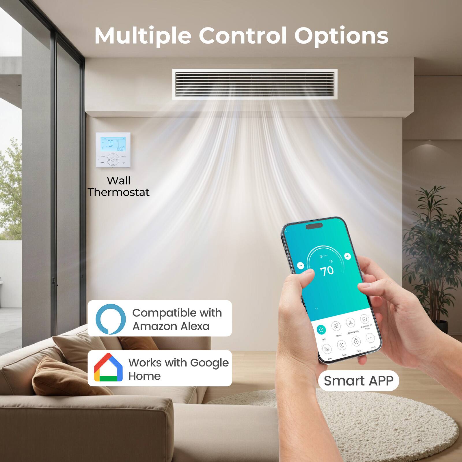 Multiple Control Options

- Wall Thermostat
- Compatible with Amazon Alexa
- Works with Google Home
- Smart APP