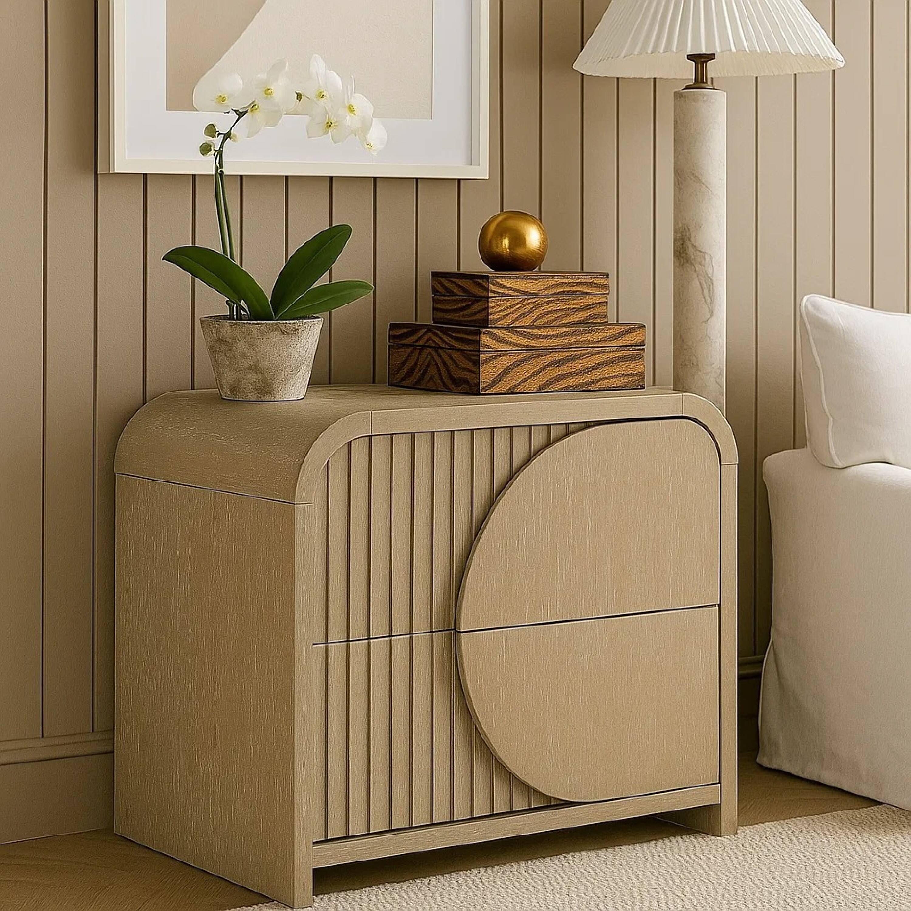 Alt View 6. Manhattan Lane - Tanya Nightstand with 2 Drawers, Reeded Panels - Natural Brown.