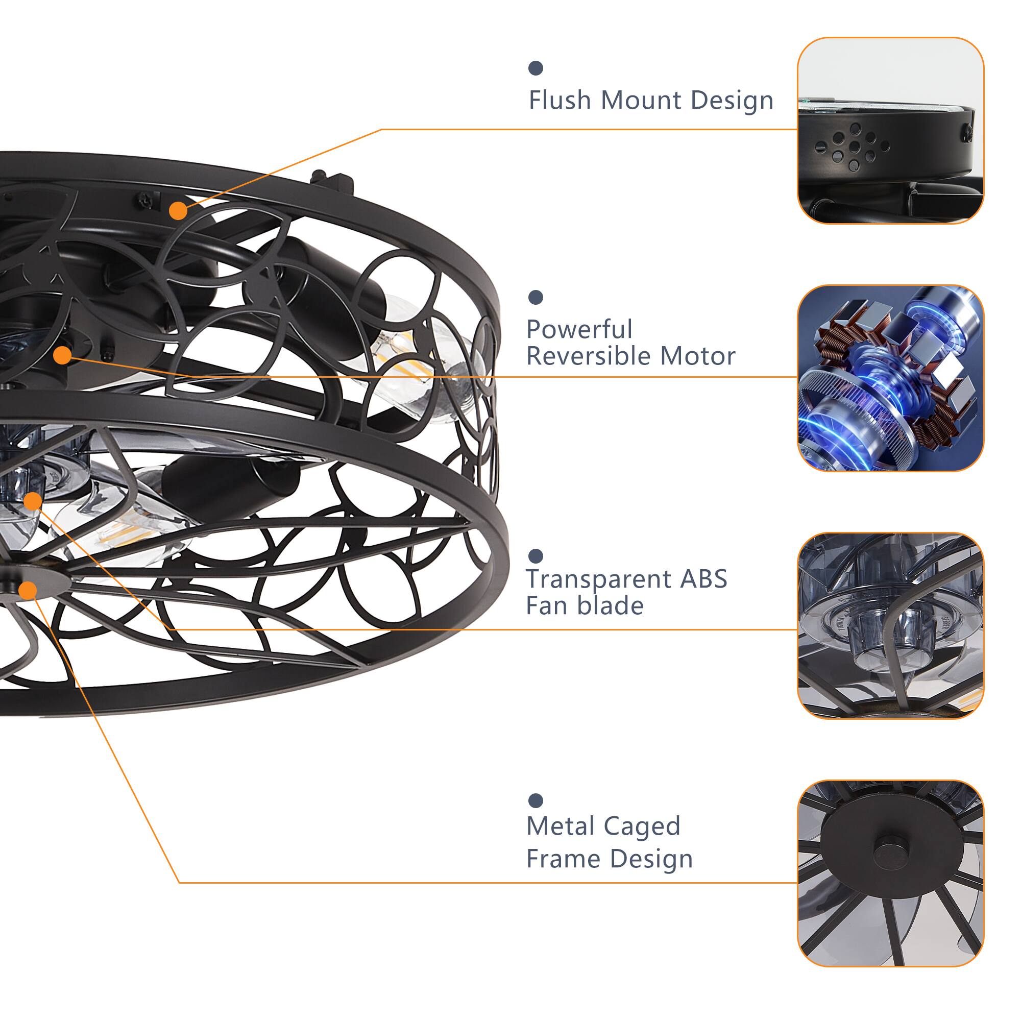 - Flush Mount Design
- Powerful Reversible Motor
- Transparent ABS Fan Blade
- Metal Caged Frame Design