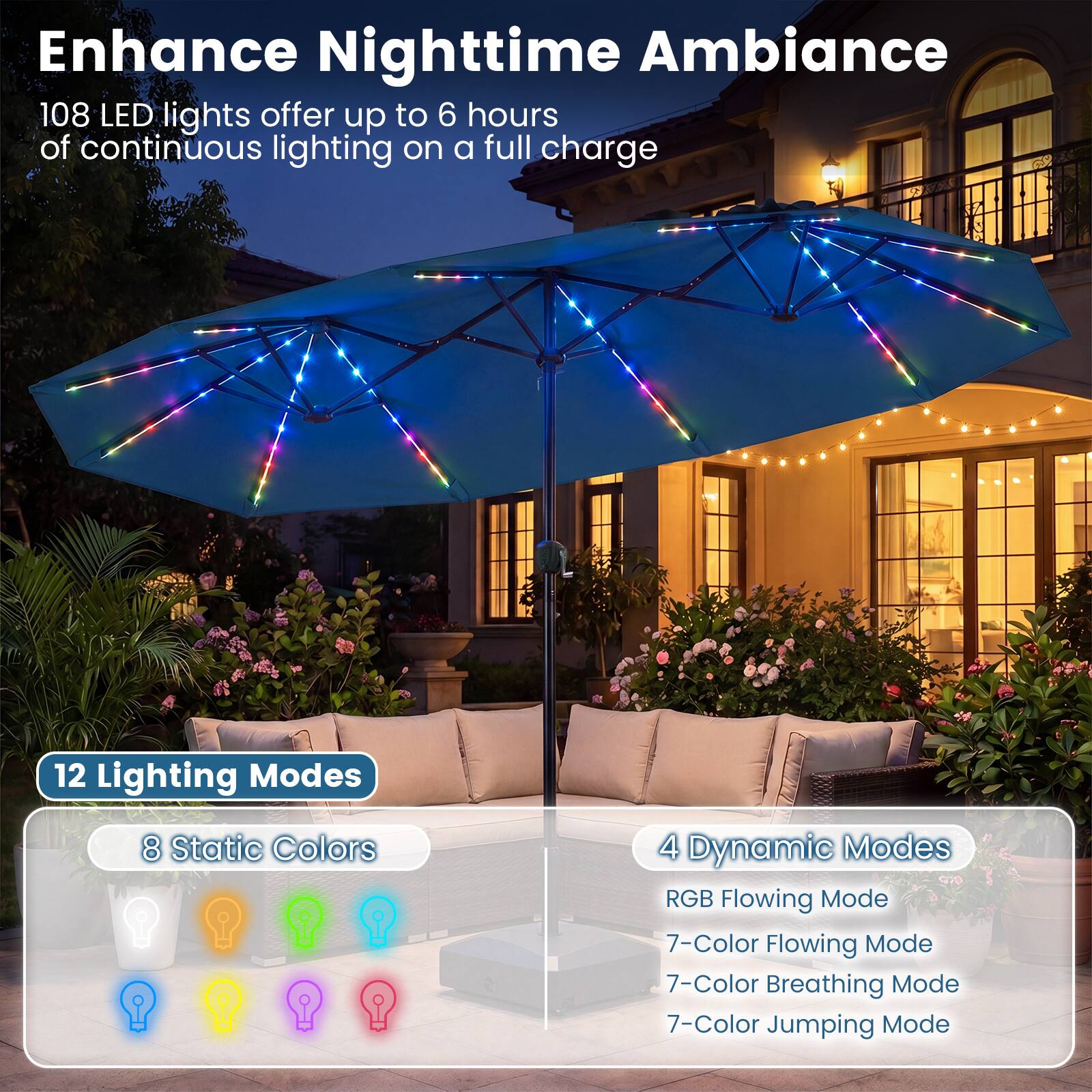 Enhance Nighttime Ambiance

108 LED lights offer up to 6 hours of continuous lighting on a full charge

12 Lighting Modes

8 Static Colors

4 Dynamic Modes
- RGB Flowing Mode
- 7-Color Flowing Mode
- 7-Color Breathing Mode
- 7-Color Jumping Mode