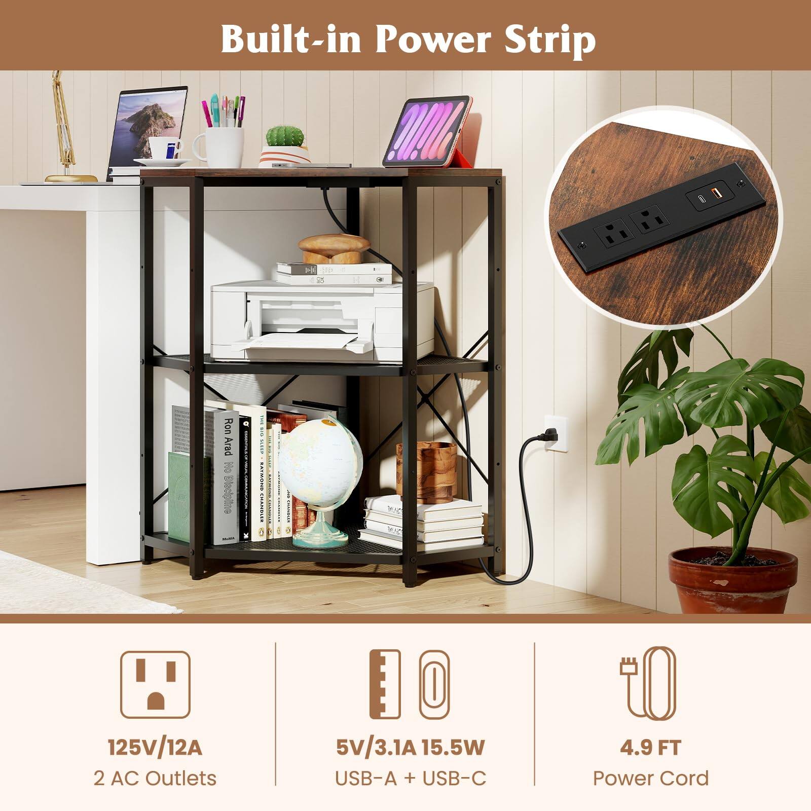 Built-in Power Strip

- 125V/12A
- 2 AC Outlets
- 5V/3.1A 15.5W USB-A + USB-C
- 4.9 FT Power Cord