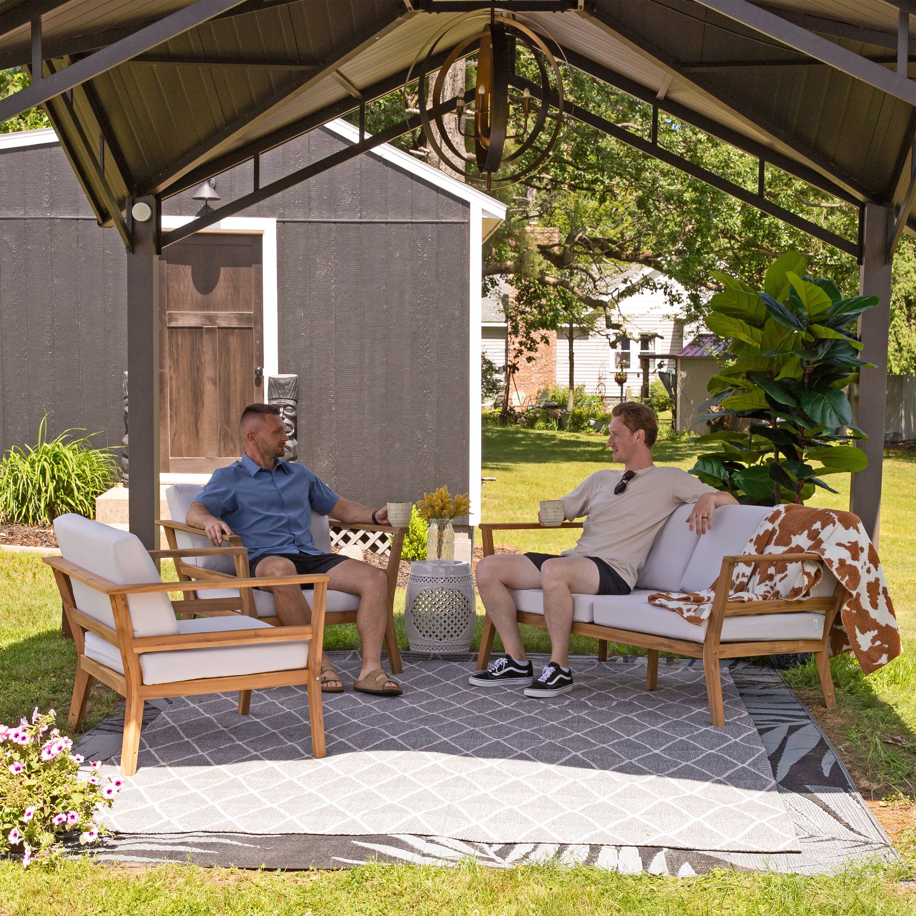 Alt View 8. Sunnydaze - Bodie Acacia Wood 3-Piece Patio Conversation Set - Natural/Bone White.
