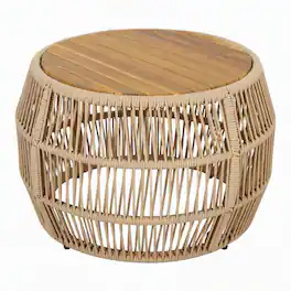 RYHNUYNE - Outdoor Round Coffee Table,Rattan Rope & Acacia Wood Patio Furniture, \Weather Resistant for Garden Yard Balcony - Light beige,Teak