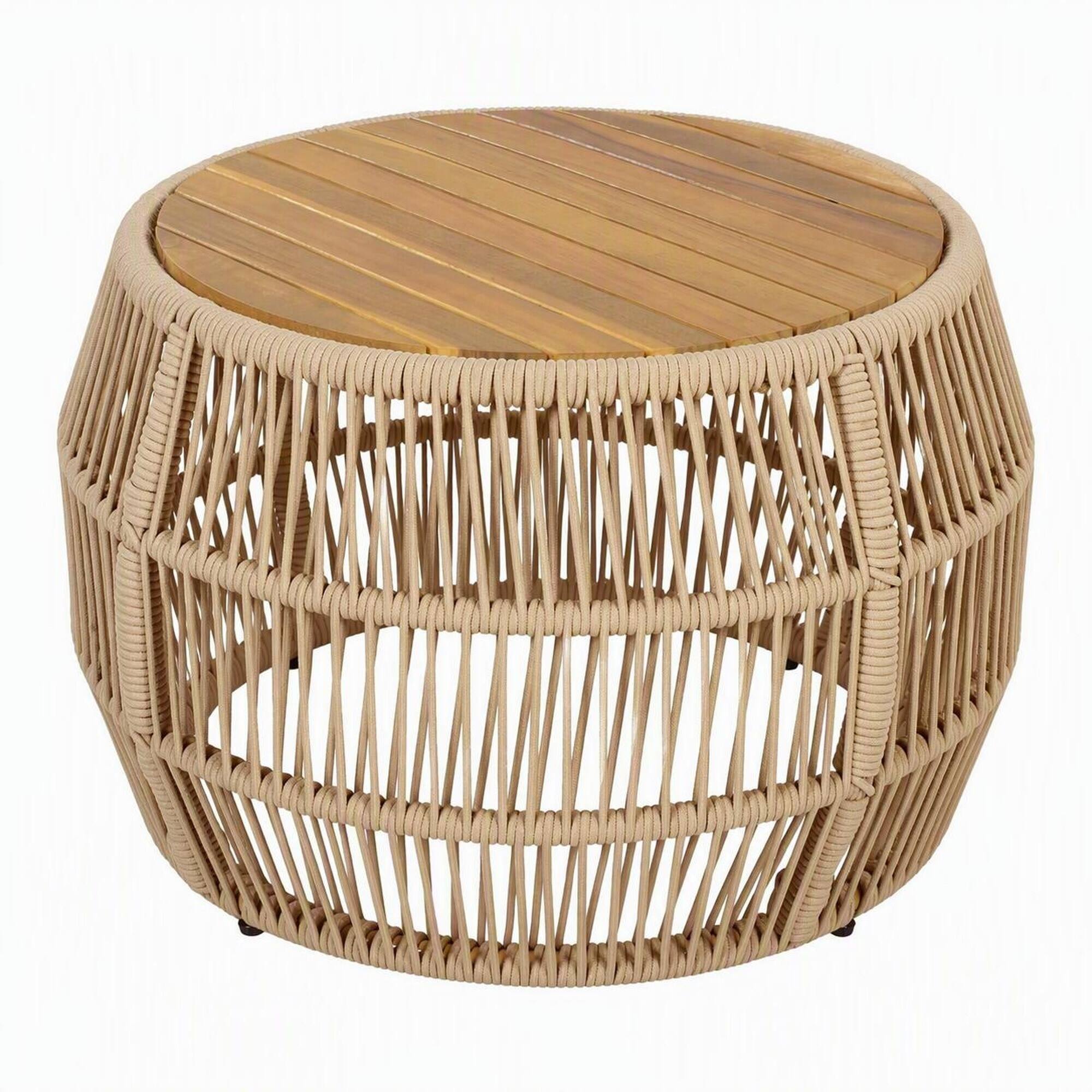RYHNUYNE - Outdoor Round Coffee Table,Rattan Rope & Acacia Wood Patio Furniture, \Weather Resistant for Garden Yard Balcony - Light beige,Teak