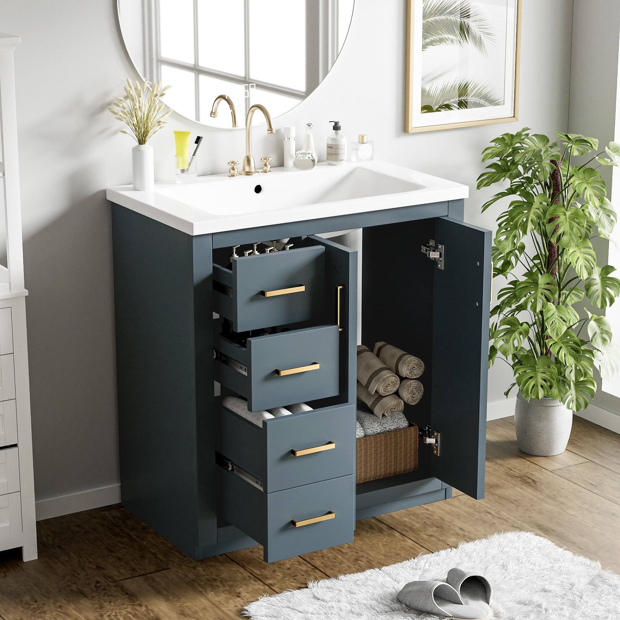 Alt View 5. Boyel Living - 30 Inch Bathroom Vanity Blue with Ceramic Sink Solid Wood Frame 3 Drawers 1 Cabinet - Blue.