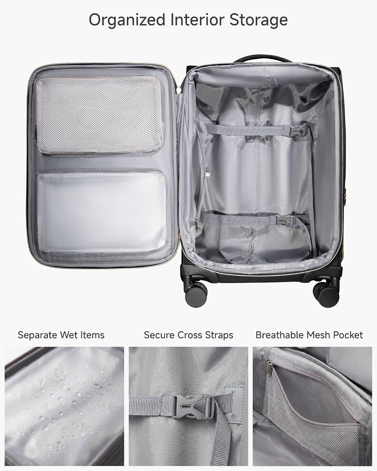 Organized Interior Storage

- Separate Wet Items
- Secure Cross Straps
- Breathable Mesh Pocket