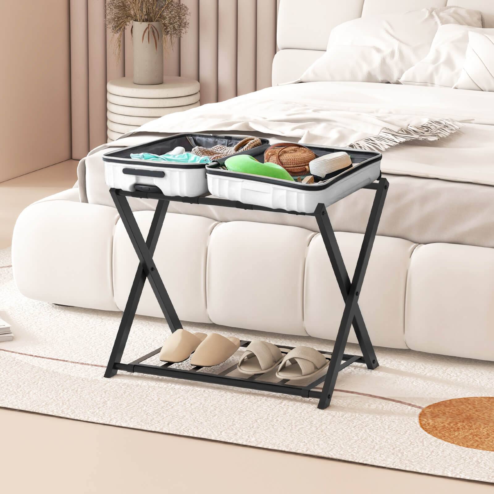 Alt View 1. Costway - Costway Set of 2 Folding Metal Luggage Rack Suitcase Shoe Holder Hotel Guestroom w/Shelf - Black.