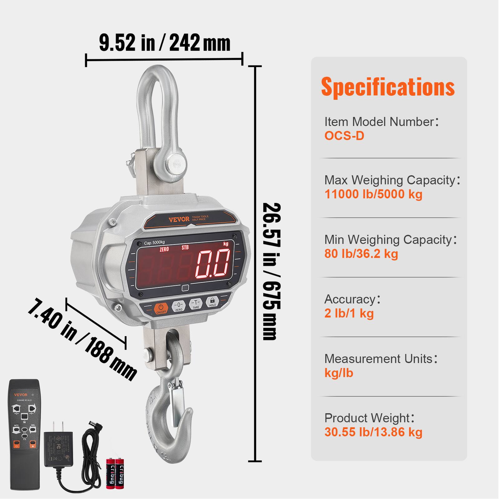 9.52 in / 242 mm

Specifications

Item Model Number: OCS-D

Max Weighing Capacity: 11000 lb/5000 kg

Min Weighing Capacity: 80 lb/36.2 kg

Accuracy: 2 lb/1 kg

Measurement Units: kg/lb

Product Weight: 30.55 lb/13.86 kg

7.40 in / 188 mm

26.57 in / 675 mm