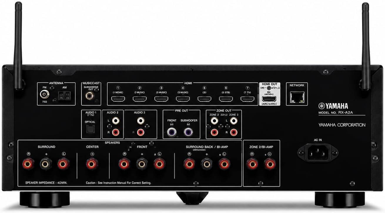 ANTENNA FM AM MUSICCAST SUBWOOFER OUT 1 [I MOVIE 2 D MUSICI 3 IS MUSIC HDMI 4 i5 MUSICI 5 (S) i iS STB) 7 (7 TV) HDMI OUT DC ZHL BK IZOHO NETWORK .. 750 AUDIO 1 ET TVI AUDIO 2 AUDIO 3 PRE OUT ZONE OUT ZONE 2 ZONO ZONE 3 (ARC/eARC) YAMAHA MODEL NO. RX-A2A OPTICAL L FRONT SUBWOOFER L YAMAHA CORPORATION R R R SURROUND SPEAKERS CENTER FRONT SURROUND BACK / BI-AMP CITOSINES ZONE 2/BI-AMP AC IN R + L R + . + L R SPEAKER IMPEDANCE 40MIN Caution See Instruction Manual For Correct Setting