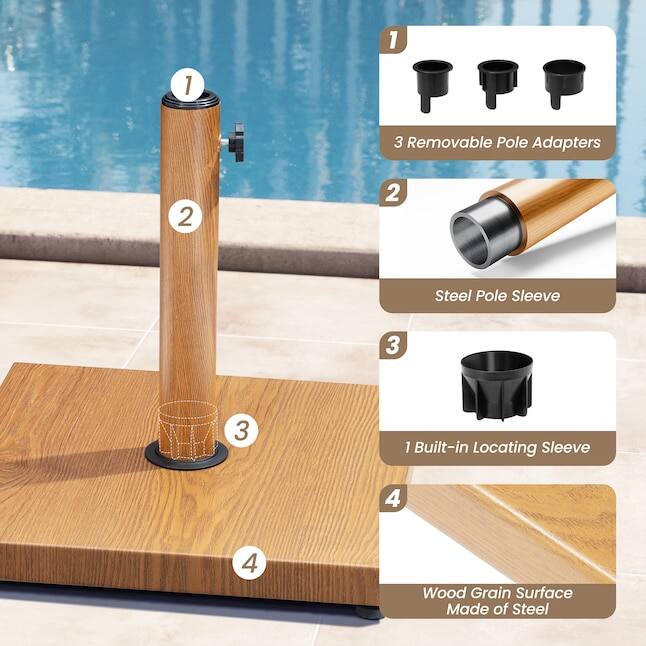 1. 3 Removable Pole Adapters
2. 2 Steel Pole Sleeve
3. 1 Built-in Locating Sleeve
4. Wood Grain Surface Made of Steel