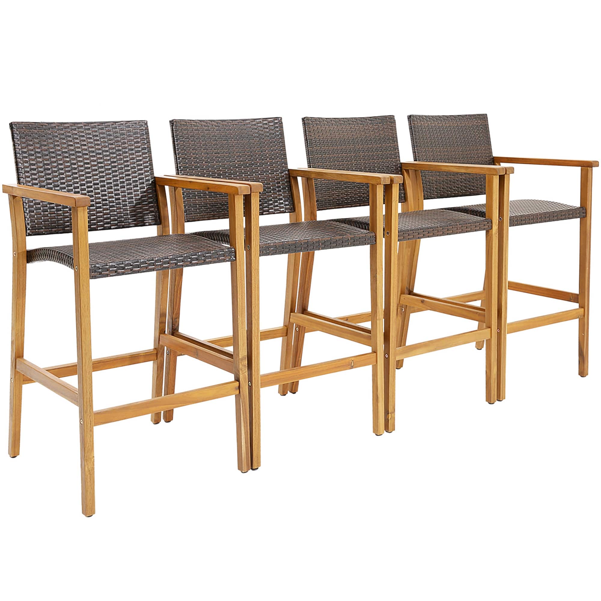 Costway - 4PCS Patio PE Wicker Bar Chairs Height Barstools with Acacia Wood Armrests Balcony - Teak,Brown