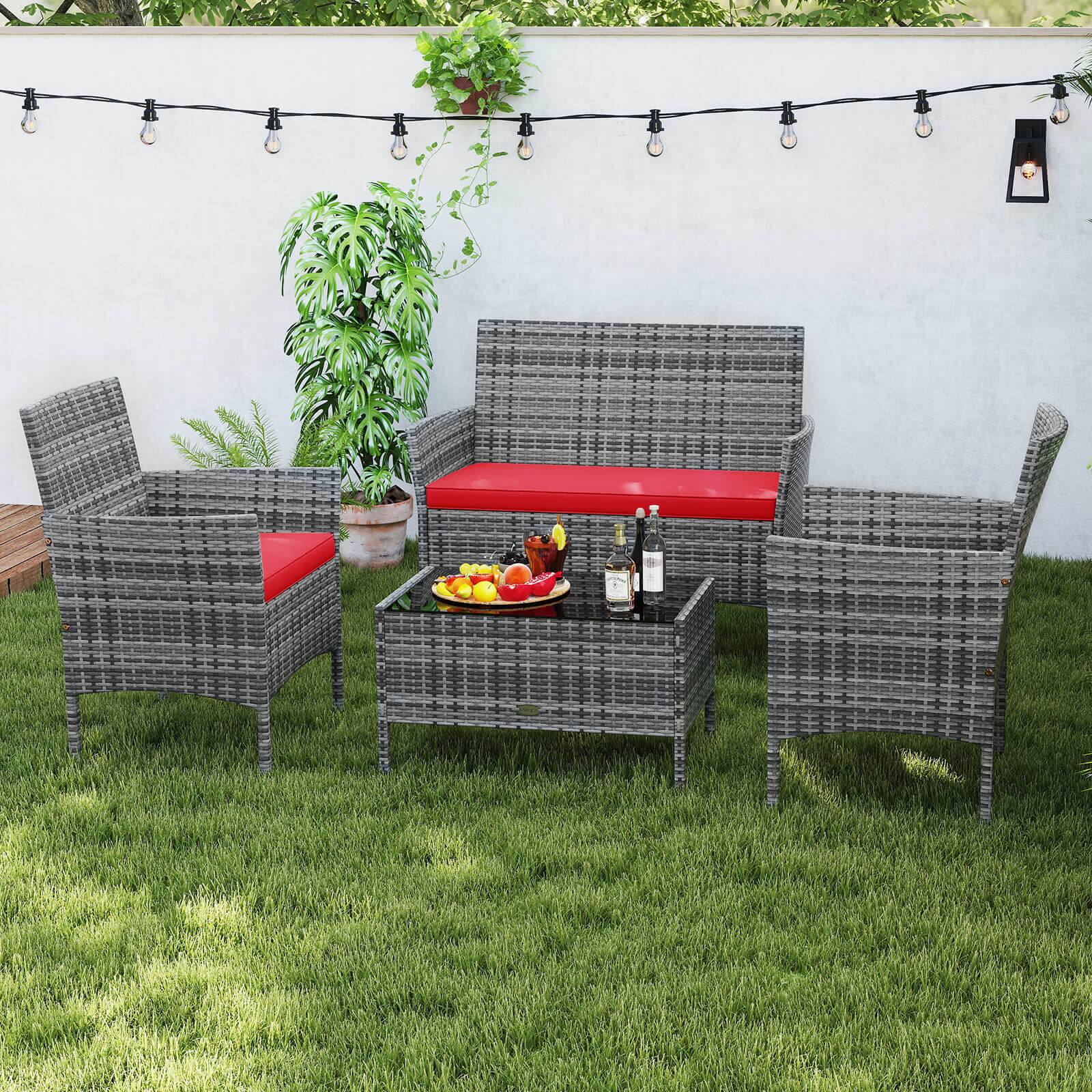 Alt View 1. Costway - Costway 4 PCS Patio Furniture Set with Washable Cushions and Tempered Glass Coffee Table - Red.