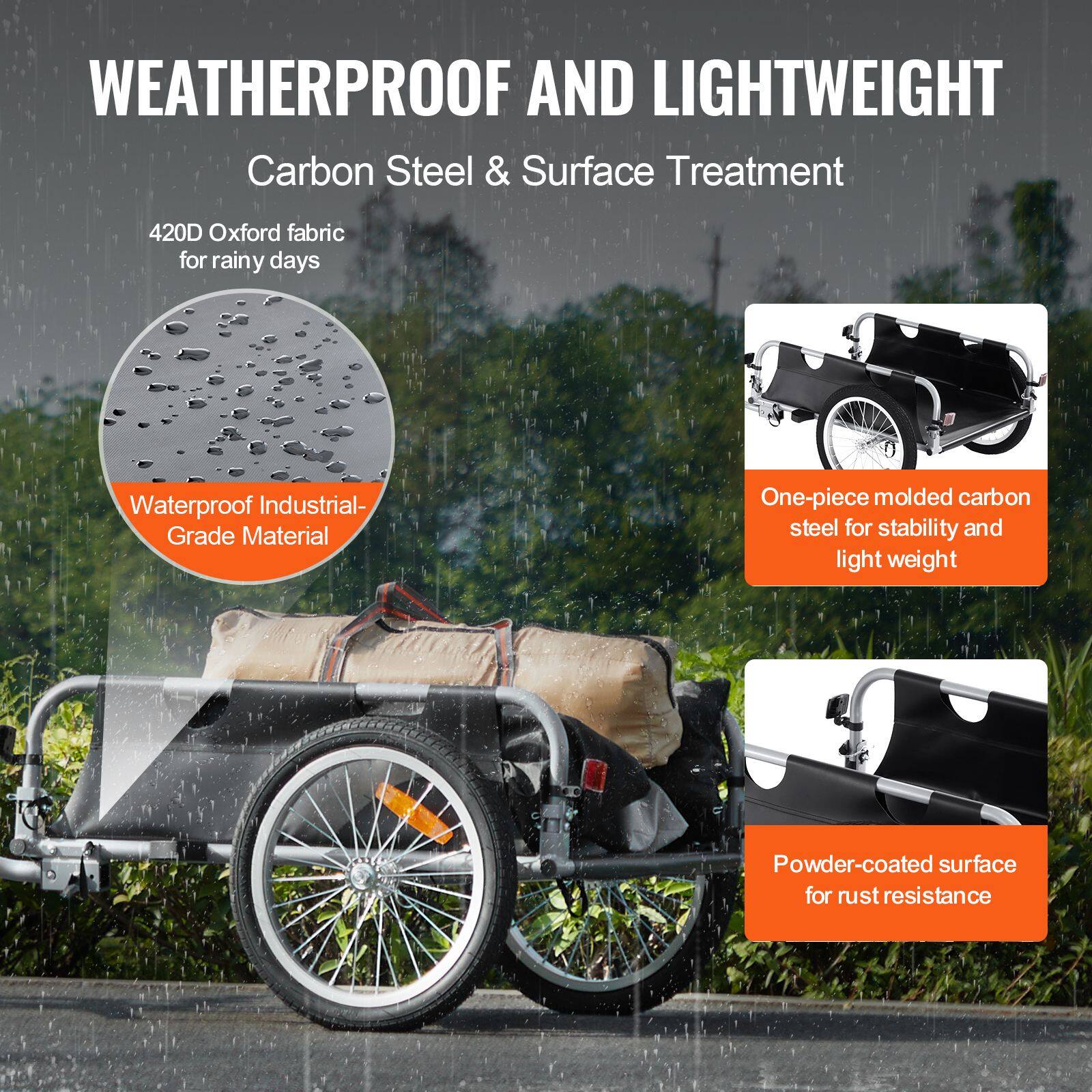 WEATHERPROOF AND LIGHTWEIGHT  
Carbon Steel & Surface Treatment  

420D Oxford fabric for rainy days  
Waterproof Industrial-Grade Material  

One-piece molded carbon steel for stability and light weight  

Powder-coated surface for rust resistance