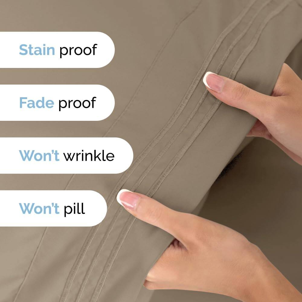 Stain proof  
Fade proof  
Won't wrinkle  
Won't pill