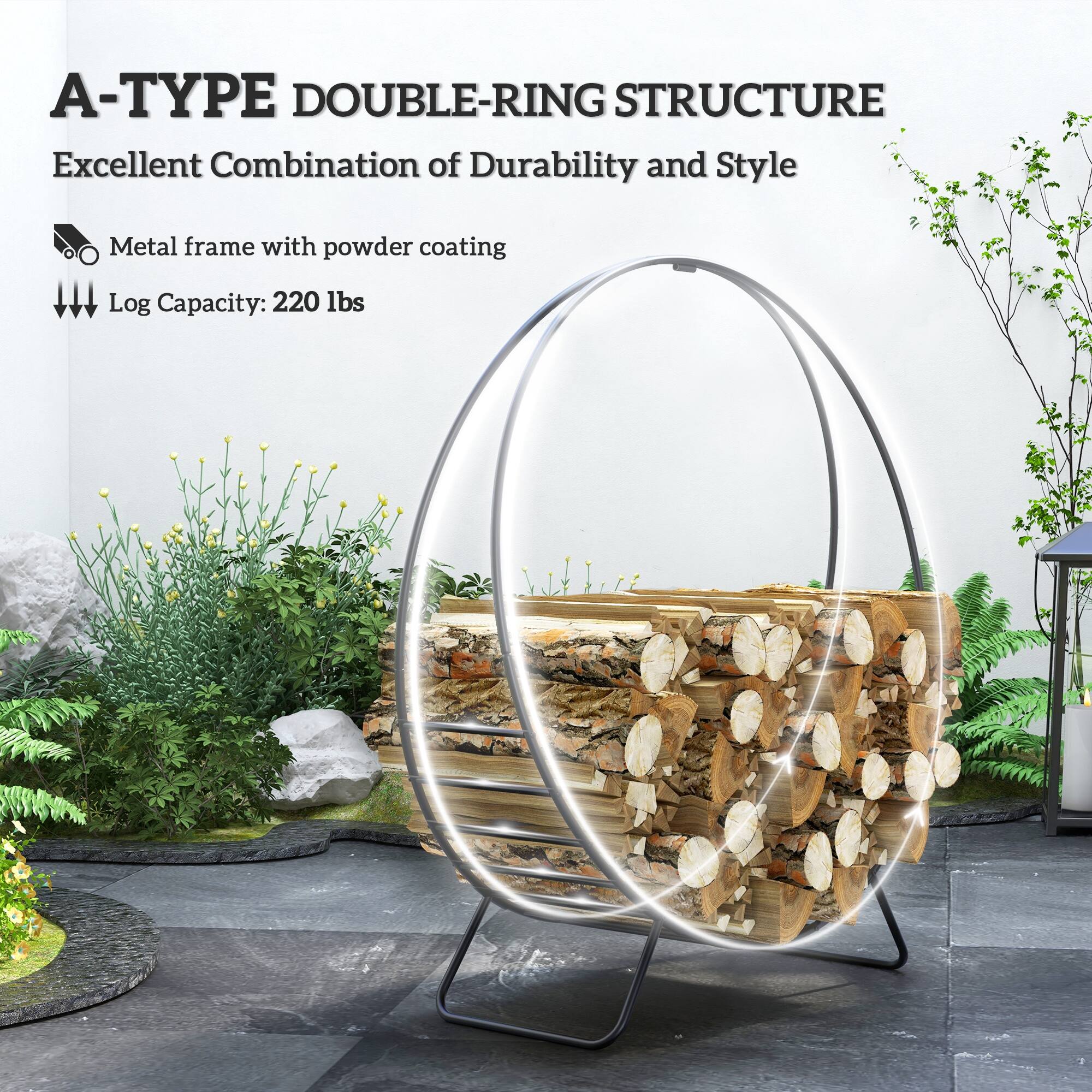 A-Type Double-Ring Structure: Excellent Combination of Durability and Style. Metal frame with powder coating. Log Capacity: 220 lbs.