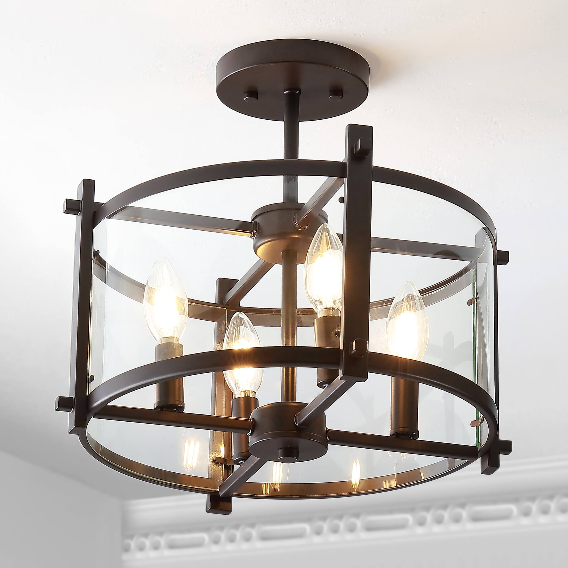 Alt View 1. Jonathan Y - Hampdon 15" Iron/Glass Modern Drum LED Flush Mount, Oil Rubbed Bronze - Oil Rubbed Bronze/Clear.