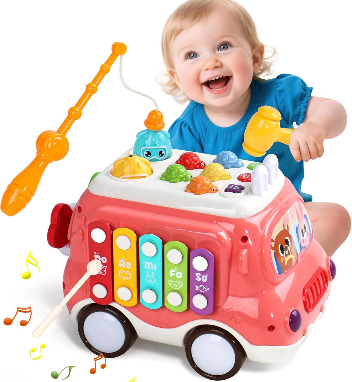 Auledio - Baby Bus Montessori Musical Toy with Sound & Light,Shape Sorter,Holiday Birthday Present for Toddlers Boy Girl - Pink