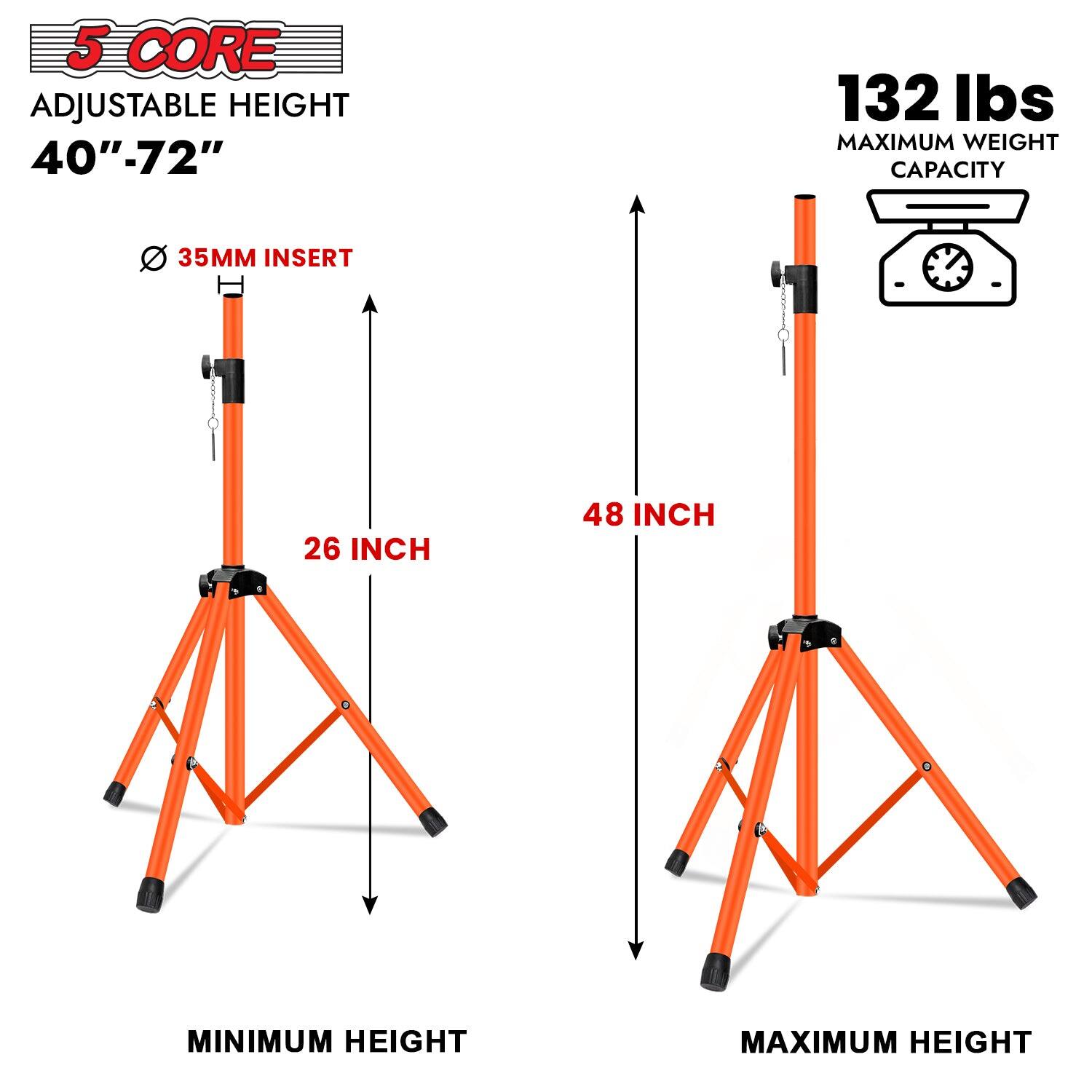 The corrected text is:

- 5 CORE ADJUSTABLE HEIGHT
- 40"-72"
- 132 lbs MAXIMUM WEIGHT CAPACITY
- 35MM INSERT
- 26 INCH MINIMUM HEIGHT
- 48 INCH MAXIMUM HEIGHT
