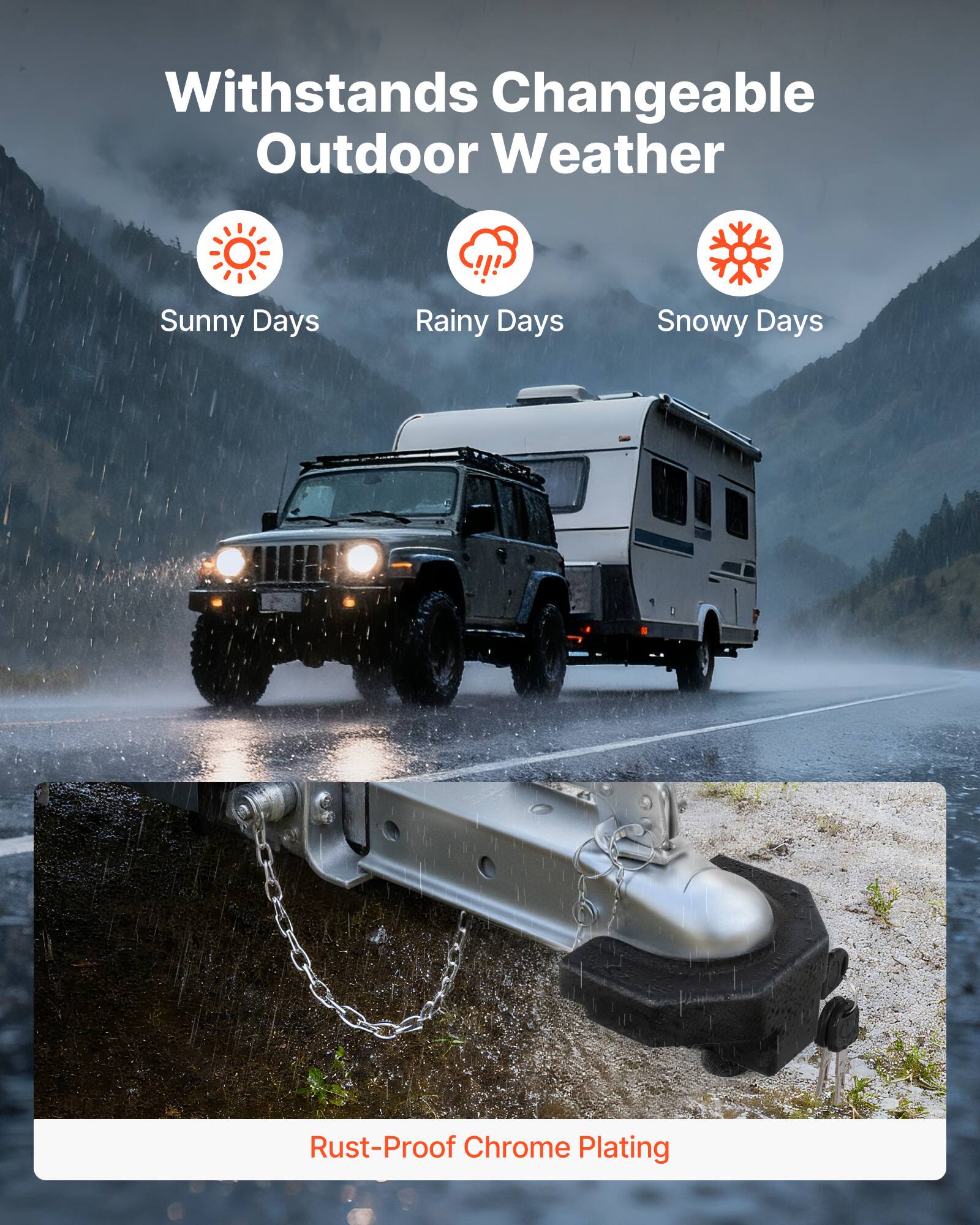 Withstands Changeable Outdoor Weather  
Sunny Days  
Rainy Days  
Snowy Days  

Rust-Proof Chrome Plating