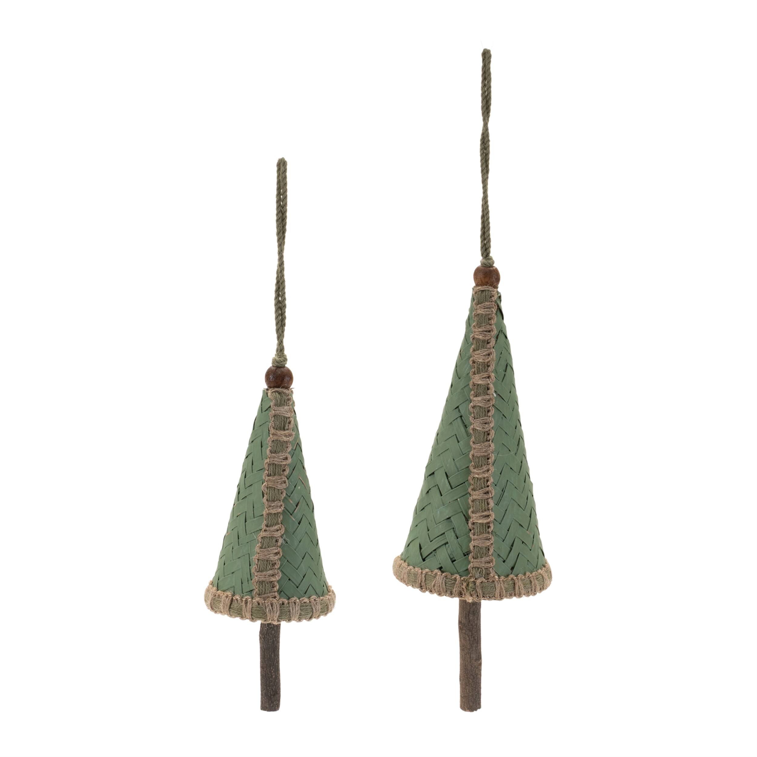 Left. BreeBe - Woven Bamboo Pine Tree Ornament (Set of 4) - Green, Beige.