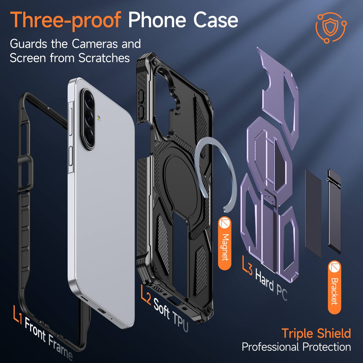 Three-proof Phone Case  
Guards the Cameras and Screen from Scratches  

L1 Front Frame  
Soft TPU  
Magnet  
L3 Hard PC Bracket  

Triple Shield  
Professional Protection