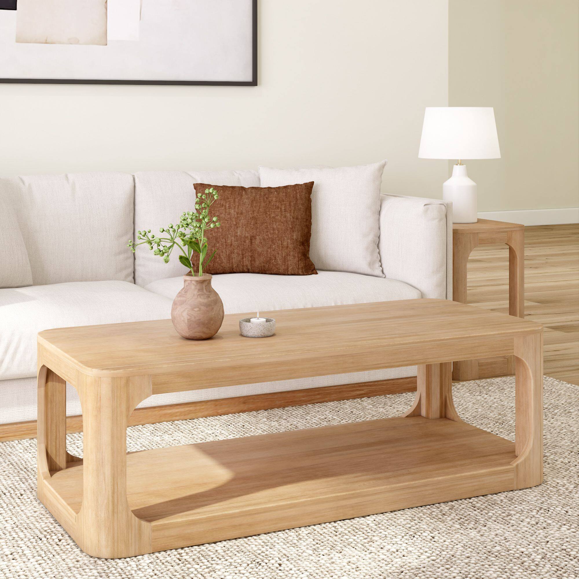 Front. Plank+Beam - Forma Rectangular Coffee Table with Shelf (54in x 24in / 1370mm x 610mm), Blonde - Blonde.