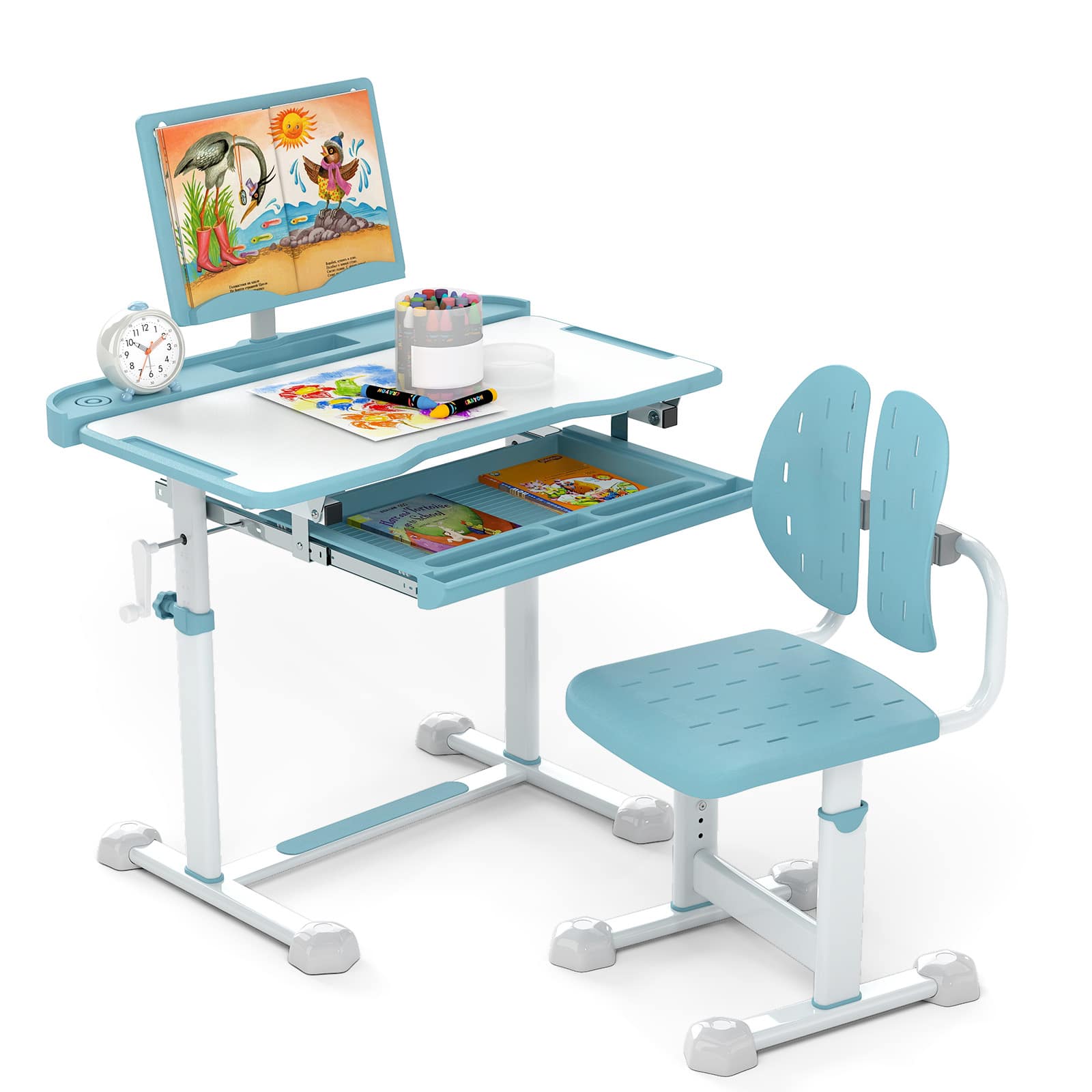 Gymax - Kid's Study Desk & Chair Set w/Tilt Desktop Book Stand Footrest Bar for Toddlers - Blue