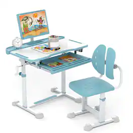 Gymax - Kid's Study Desk & Chair Set w/Tilt Desktop Book Stand Footrest Bar for Toddlers - Blue