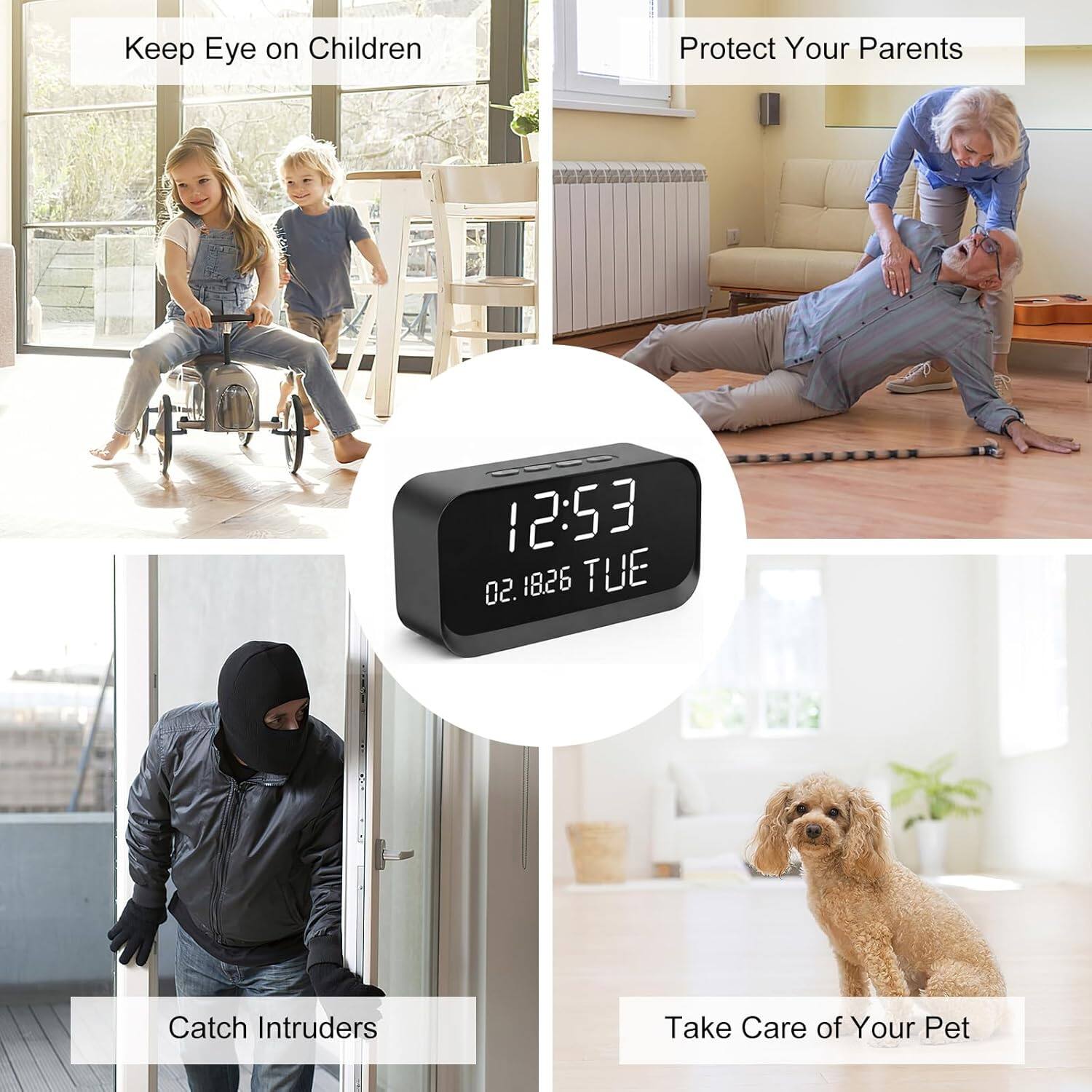 Keep Eye on Children  
Protect Your Parents  
Catch Intruders  
Take Care of Your Pet  

12:53  
02.18.26 TUE
