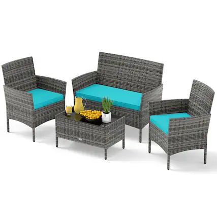 Front. Gymax - Gymax Set Of 4 Patio Furniture Set w/Washable Cushions & Tempered Glass Coffee Table Turquoise - Mix Gray, Turquoise.
