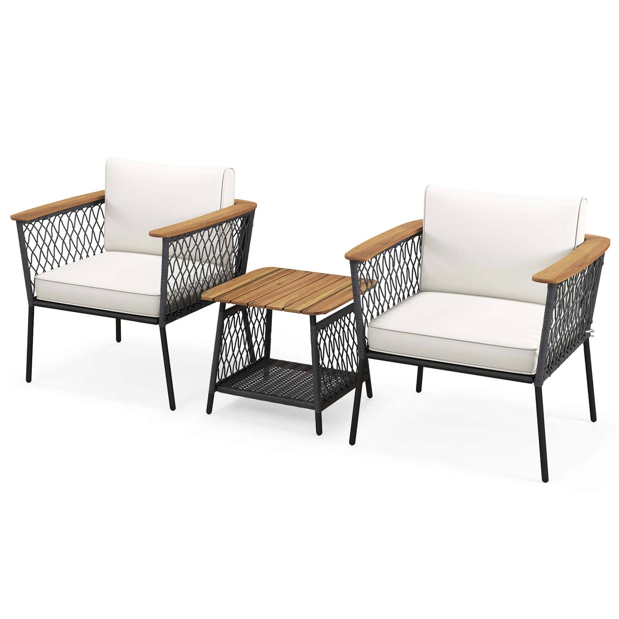Alt View 4. Gymax - Gymax Set of 3 Furniture Set w/ 2-Tier Coffee Table Acacia Wood Armrests Tabletop Patio - Gray, Off White.