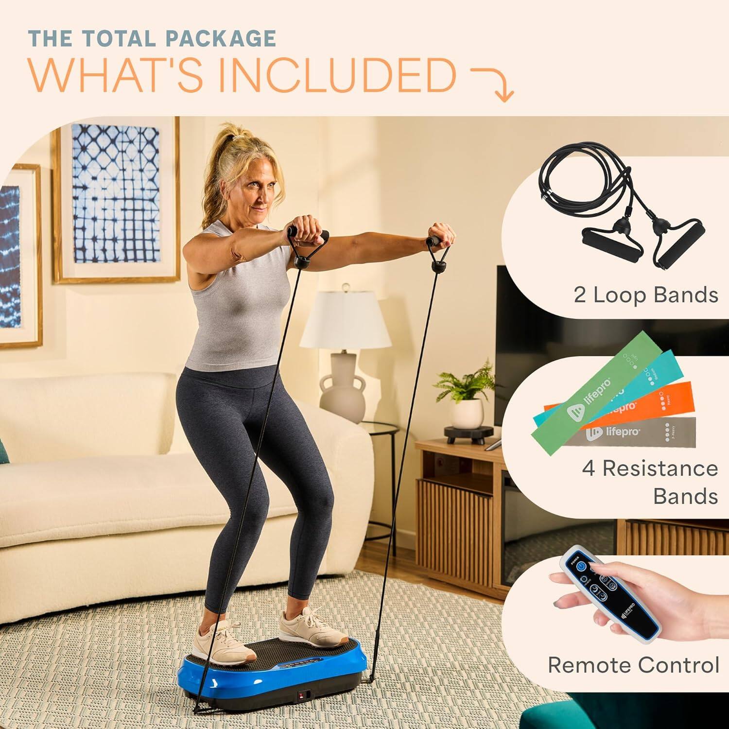 THE TOTAL PACKAGE  
WHAT'S INCLUDED  

2 Loop Bands  
4 Resistance Bands  
Remote Control