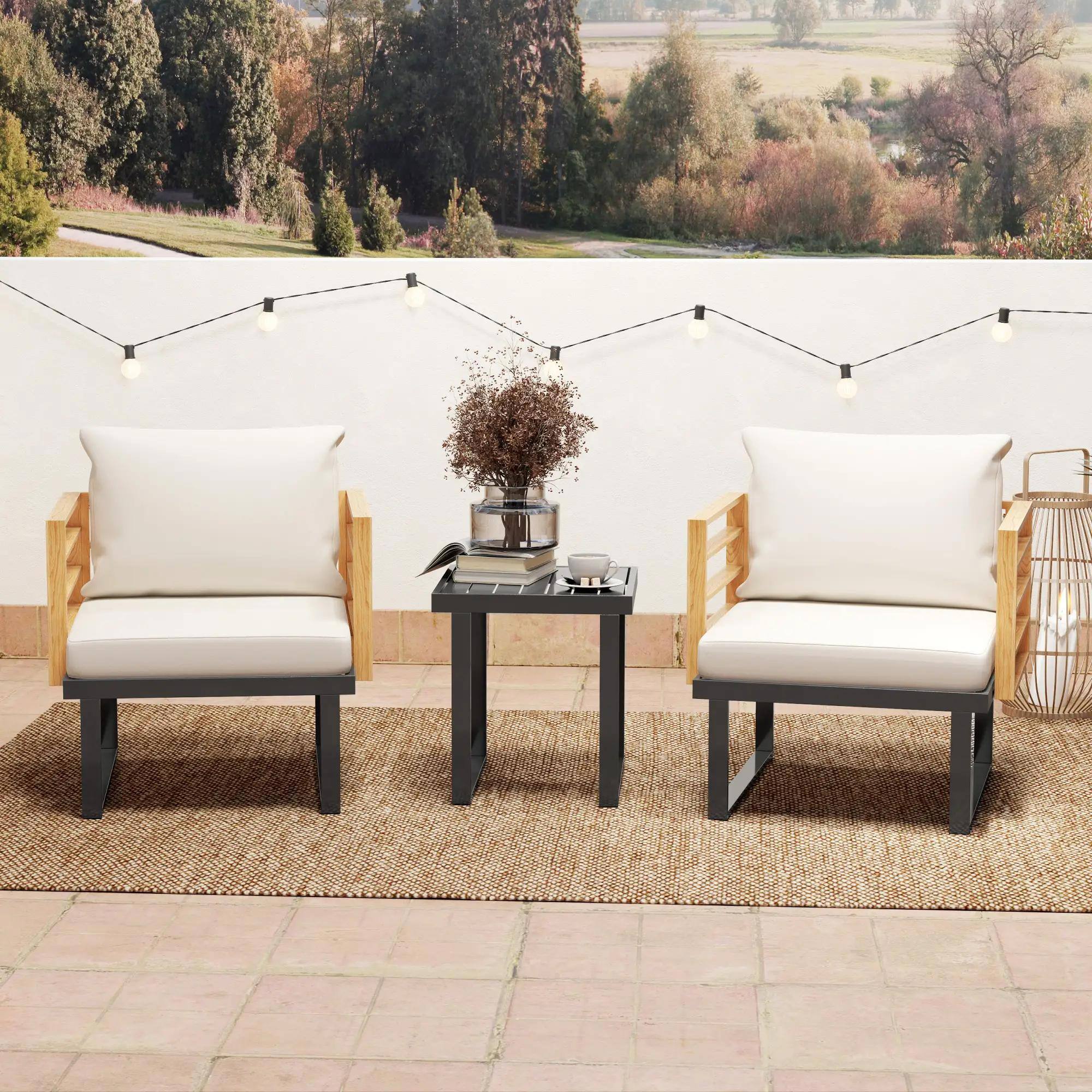 Alt View 6. Spaco - Spaco 3-Piece Metal Patio Set, Small Cushioned Armchairs, Slatted Table - Beige.