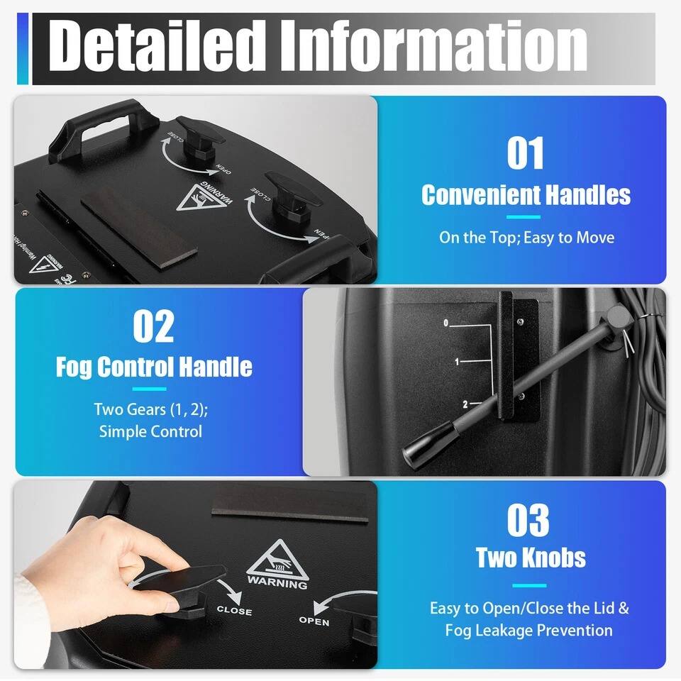 Detailed Information

01 Convenient Handles  
On the Top; Easy to Move

02 Fog Control Handle  
Two Gears (1, 2); Simple Control

03 Two Knobs  
Easy to Open/Close the Lid & Fog Leakage Prevention