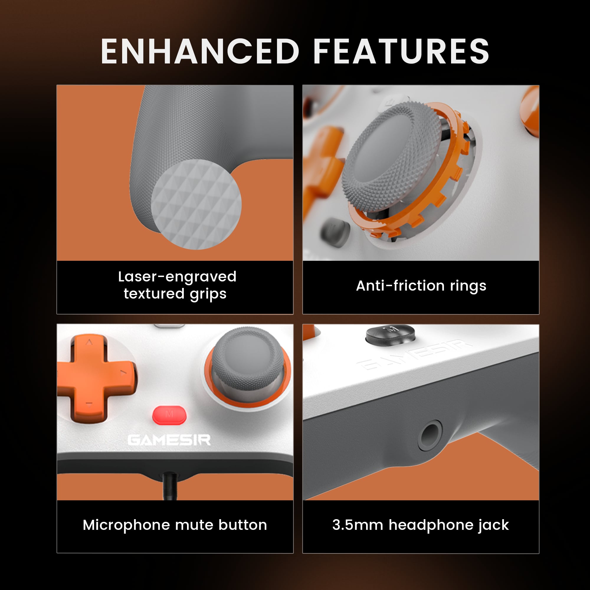 Enhanced Features:
1. Laser-engraved textured grips
2. Anti-friction rings
3. Microphone mute button
4. 3.5mm headphone jack